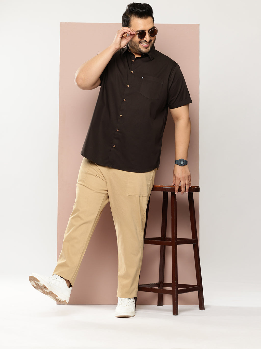 Thomas Scott Men Khaki Plus Size Smart Easy Wash Regular Fit Mid-Rise Solid Woven Trouser