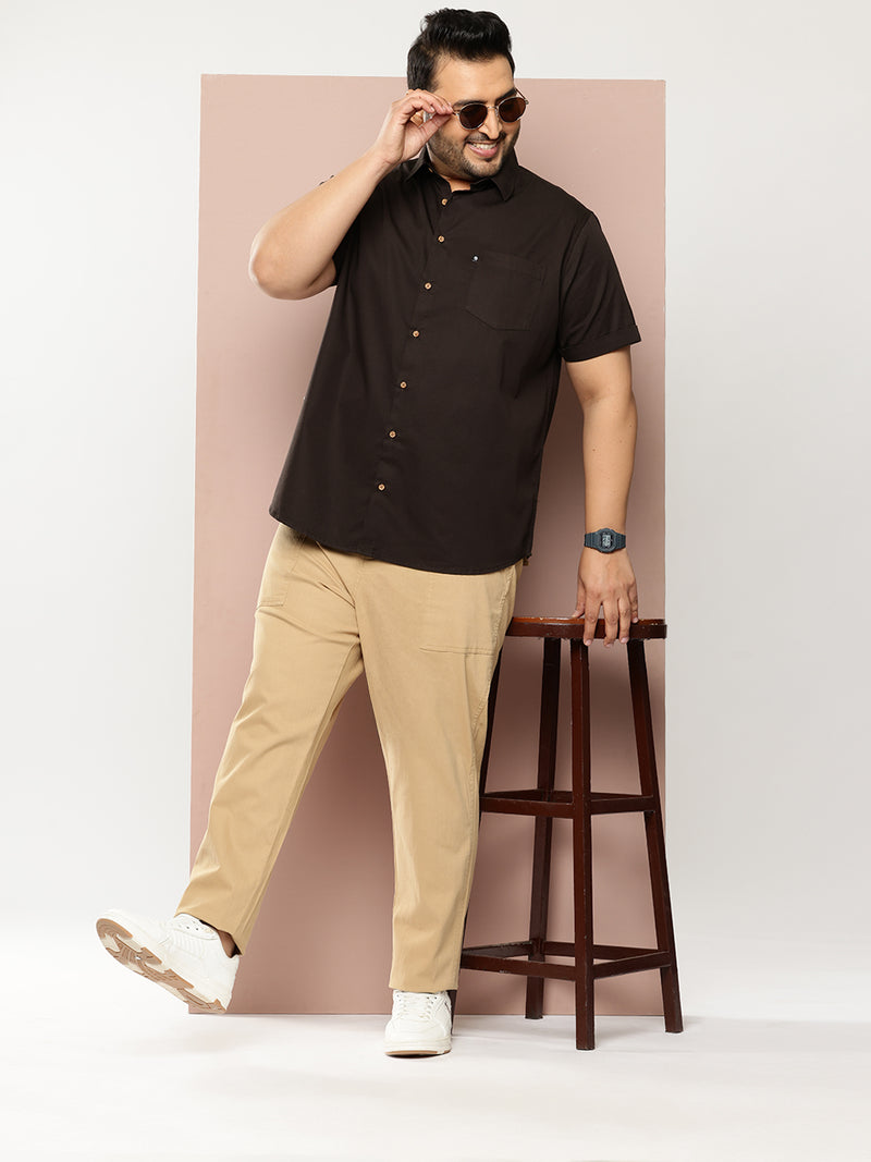 Thomas Scott Men Khaki Plus Size Smart Easy Wash Regular Fit Mid-Rise Solid Woven Trouser