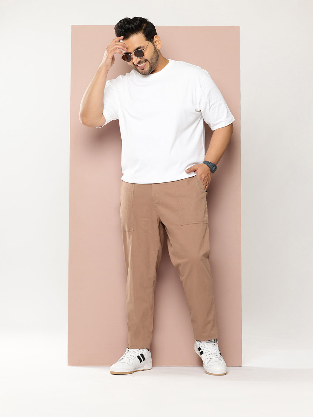 Thomas Scott Men Tan Plus Size Smart Easy Wash Regular Fit Mid-Rise Solid Woven Trouser