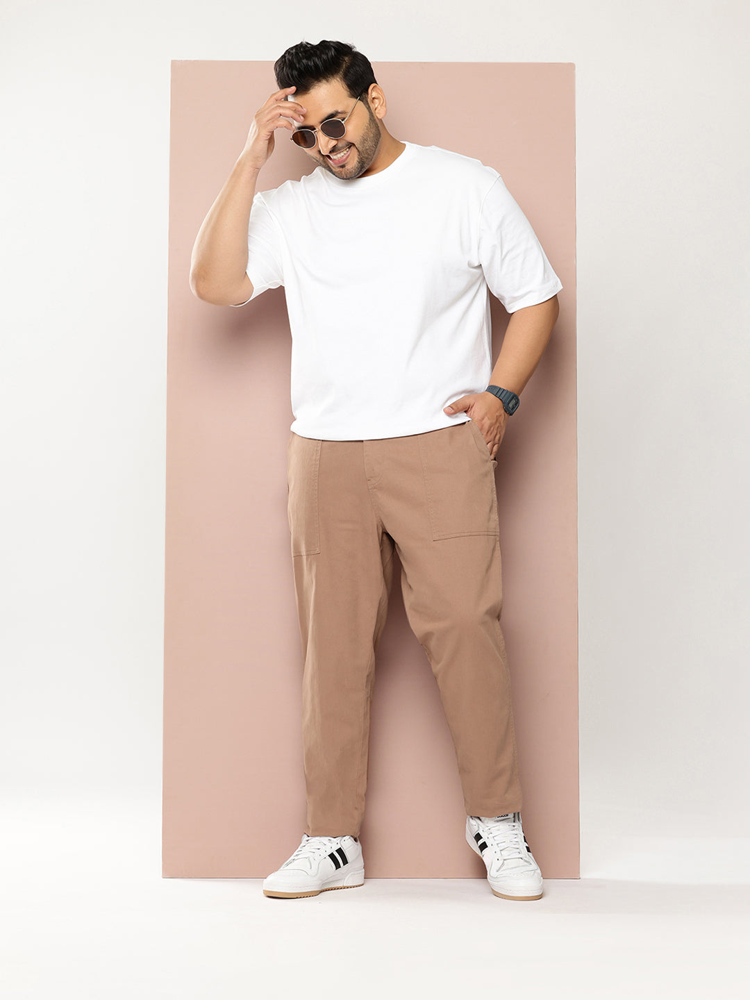 Thomas Scott Men Tan Plus Size Smart Easy Wash Regular Fit Mid-Rise Solid Woven Trouser