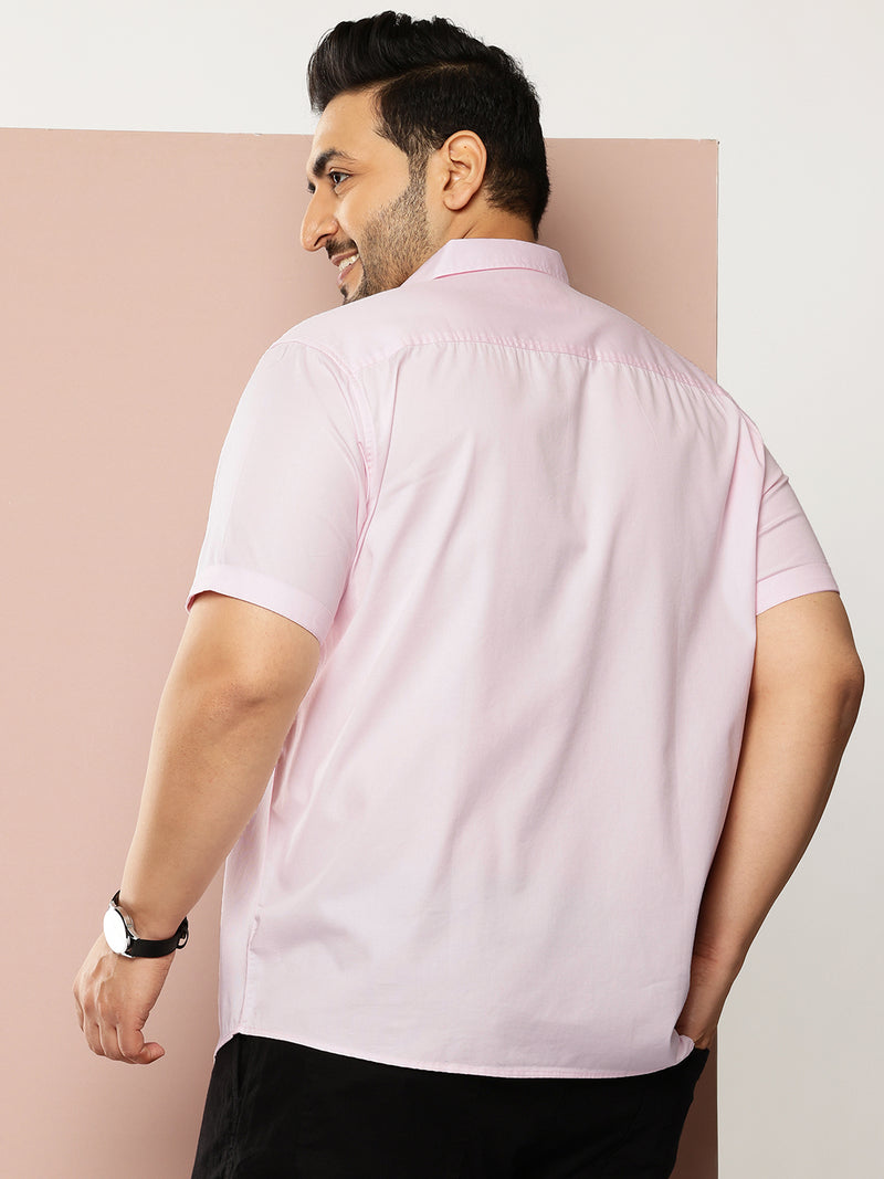 Thomas Scott Men Pink Premium Plus Size Regular Fit Short Sleeves Spread Collar Solid Casual Shirt
