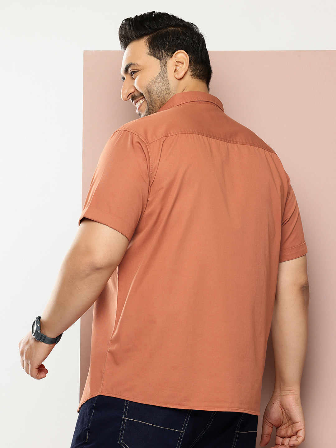 Thomas Scott Men Rust Premium Plus Size Regular Fit Short Sleeves Spread Collar Solid Casual Shirt