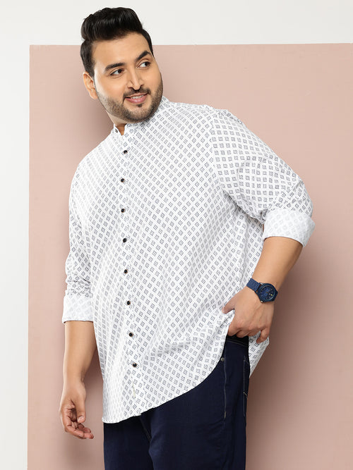 Thomas Scott Men White Premium Plus Size Regular Fit Long Sleeves Geometric Print Cotton Linen Casual Shirt