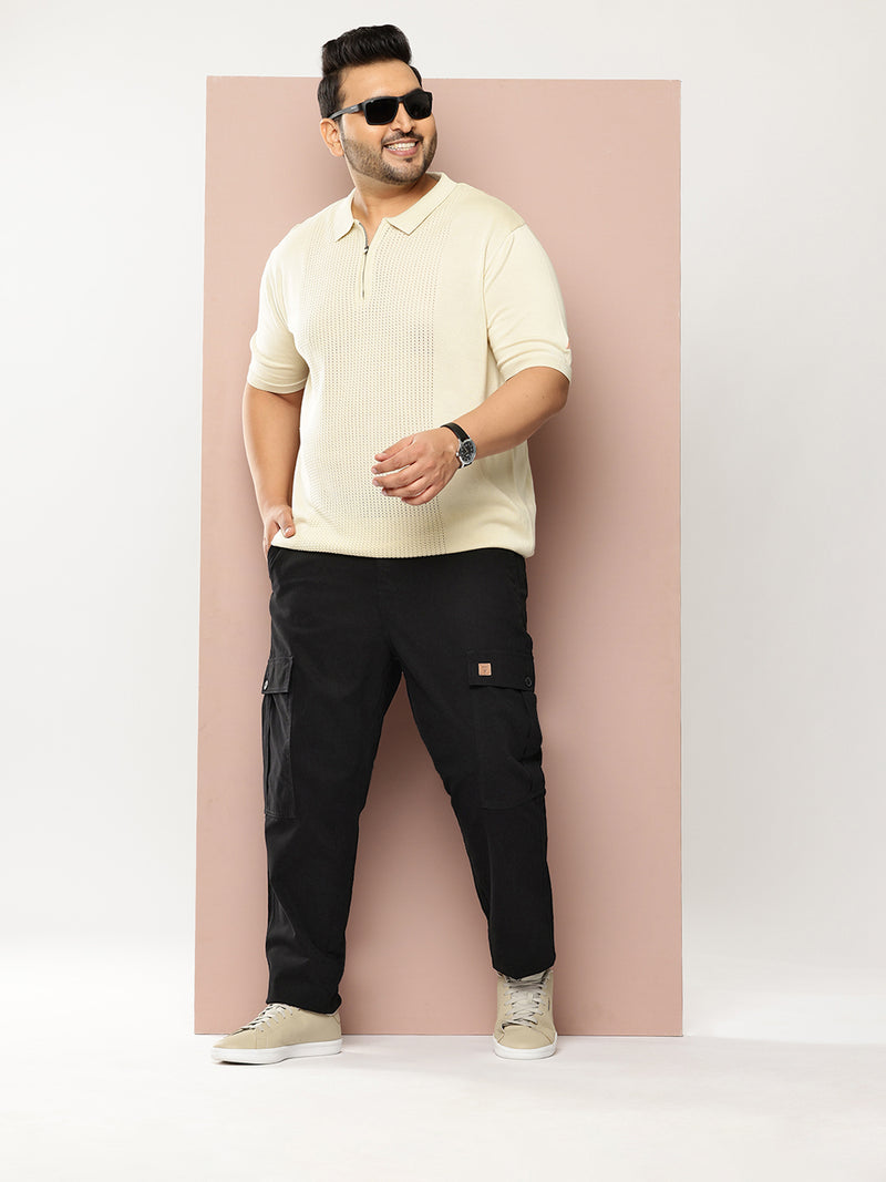 Thomas Scott Men Black Plus Size Regular Fit Mid-Rise Cotton Woven Cargo Trouser