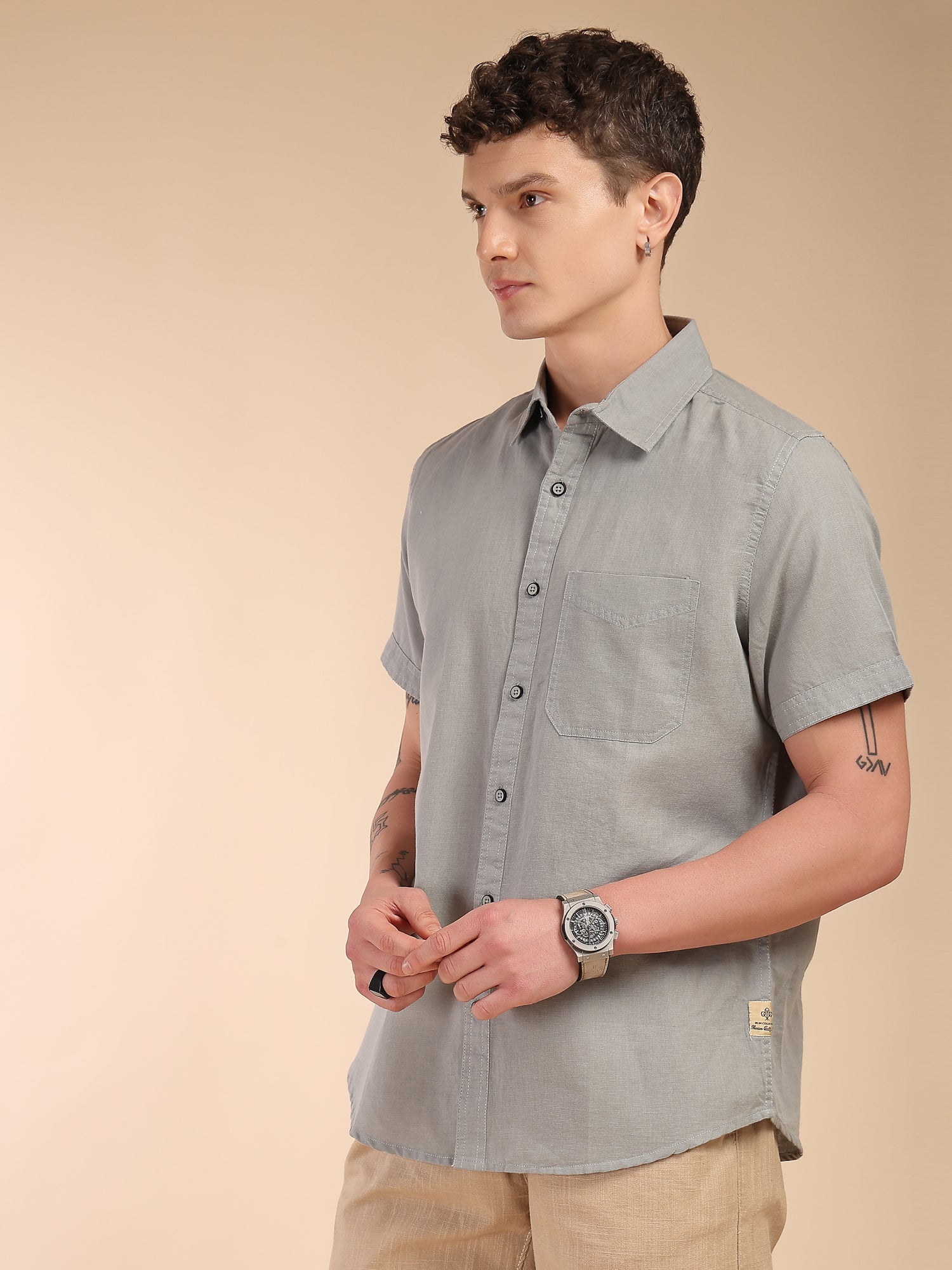 Thomas Scott Men Grey Regular Fit Short Sleeves Spread Collar Linen Casual Shirt