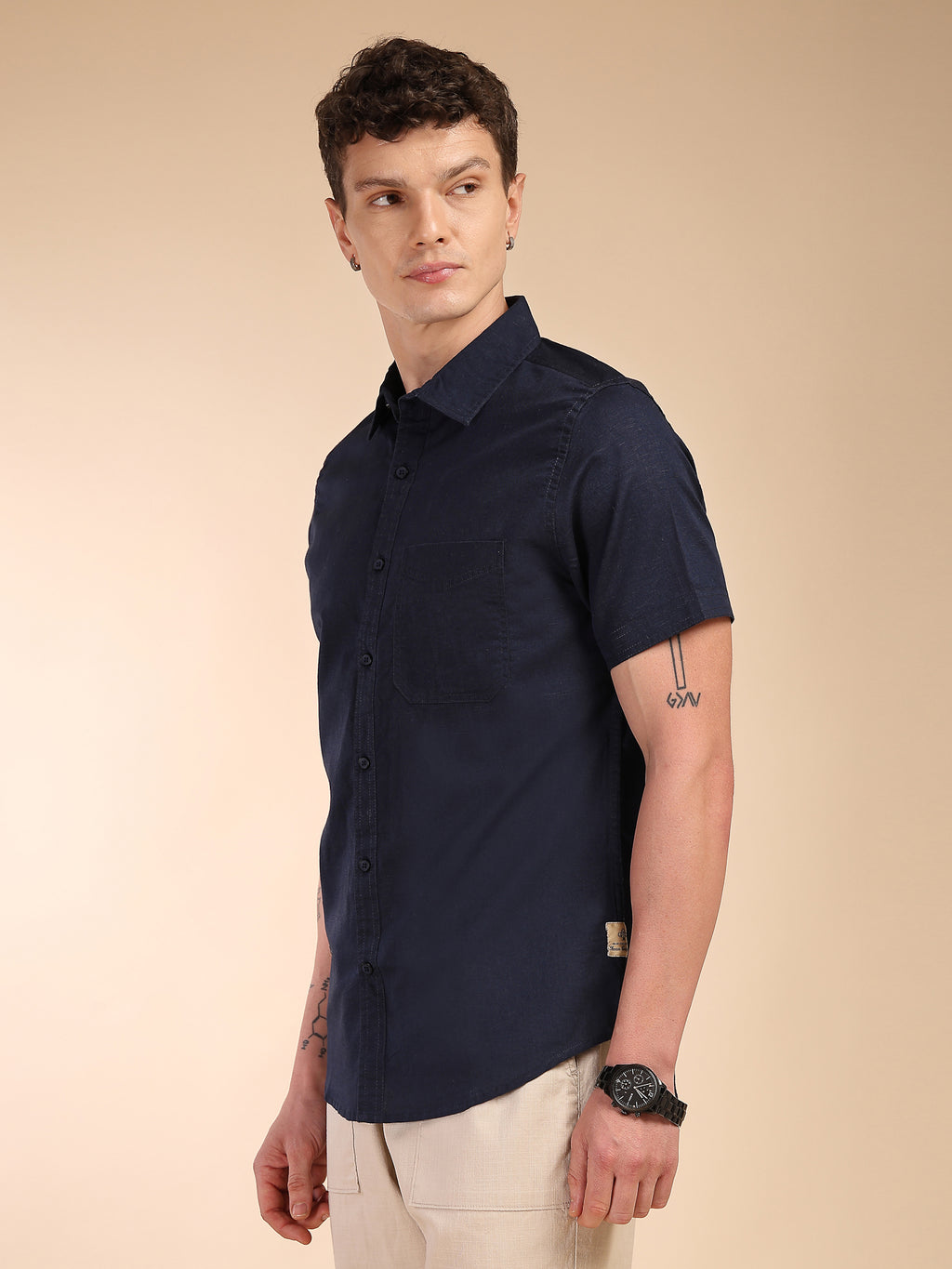Thomas Scott Men Navy Regular Fit Short Sleeves Spread Collar Linen Casual Shirt