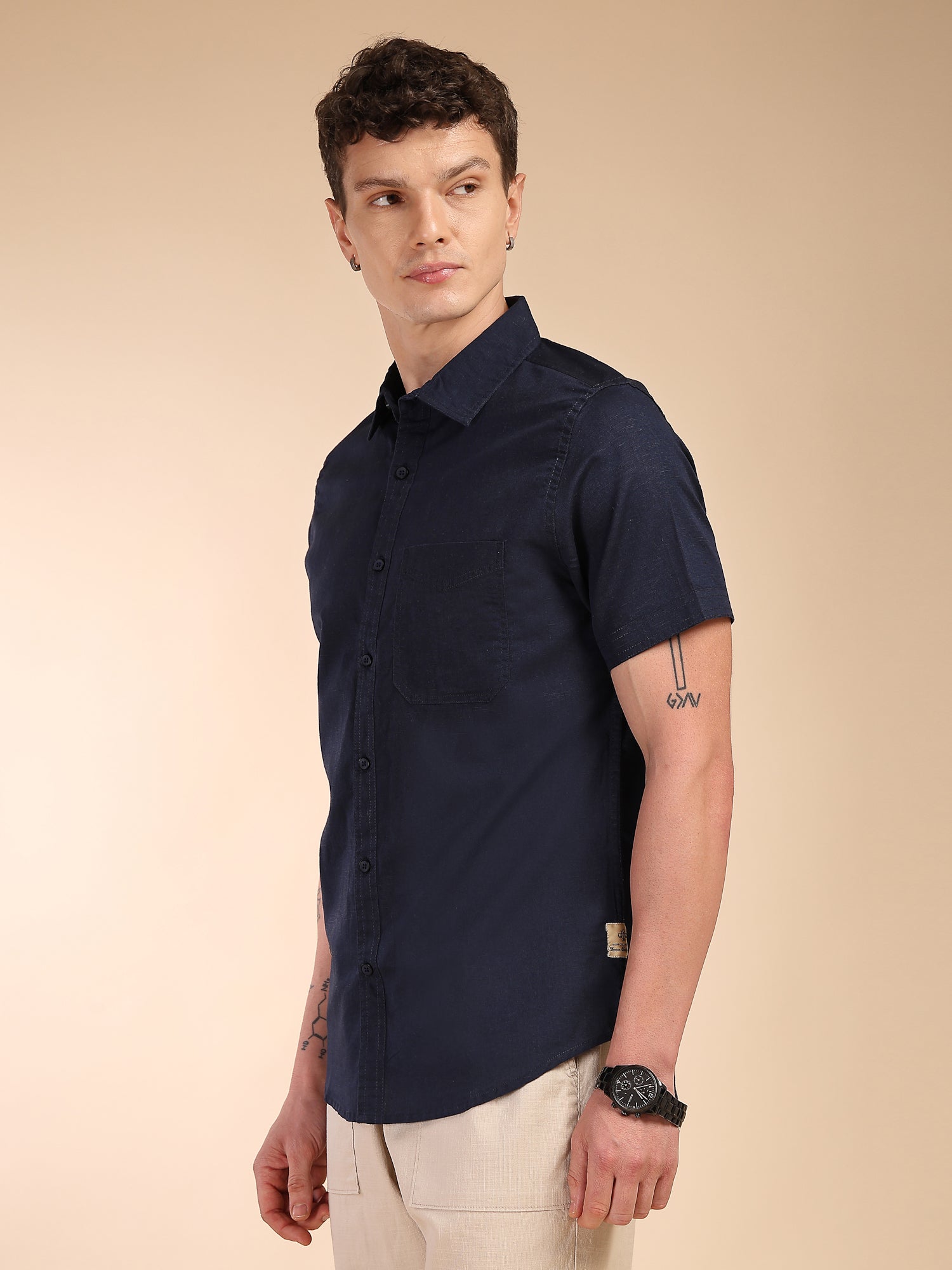 Thomas Scott Men Navy Regular Fit Short Sleeves Spread Collar Linen Casual Shirt