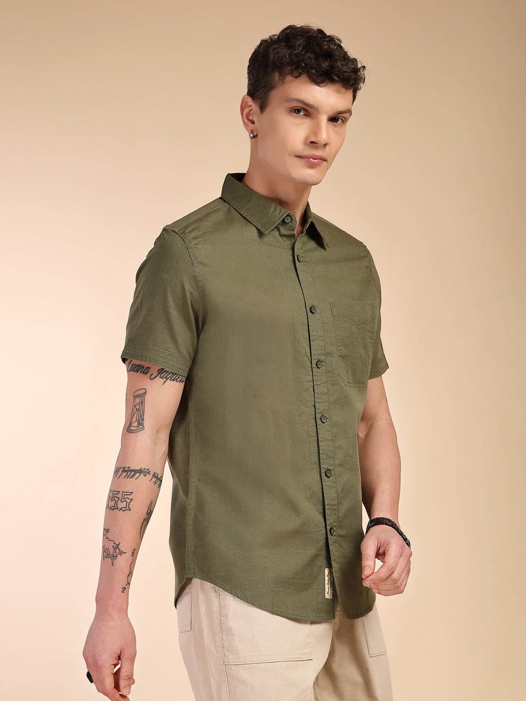 Thomas Scott Men Olive Regular Fit Short Sleeves Spread Collar Linen Casual Shirt