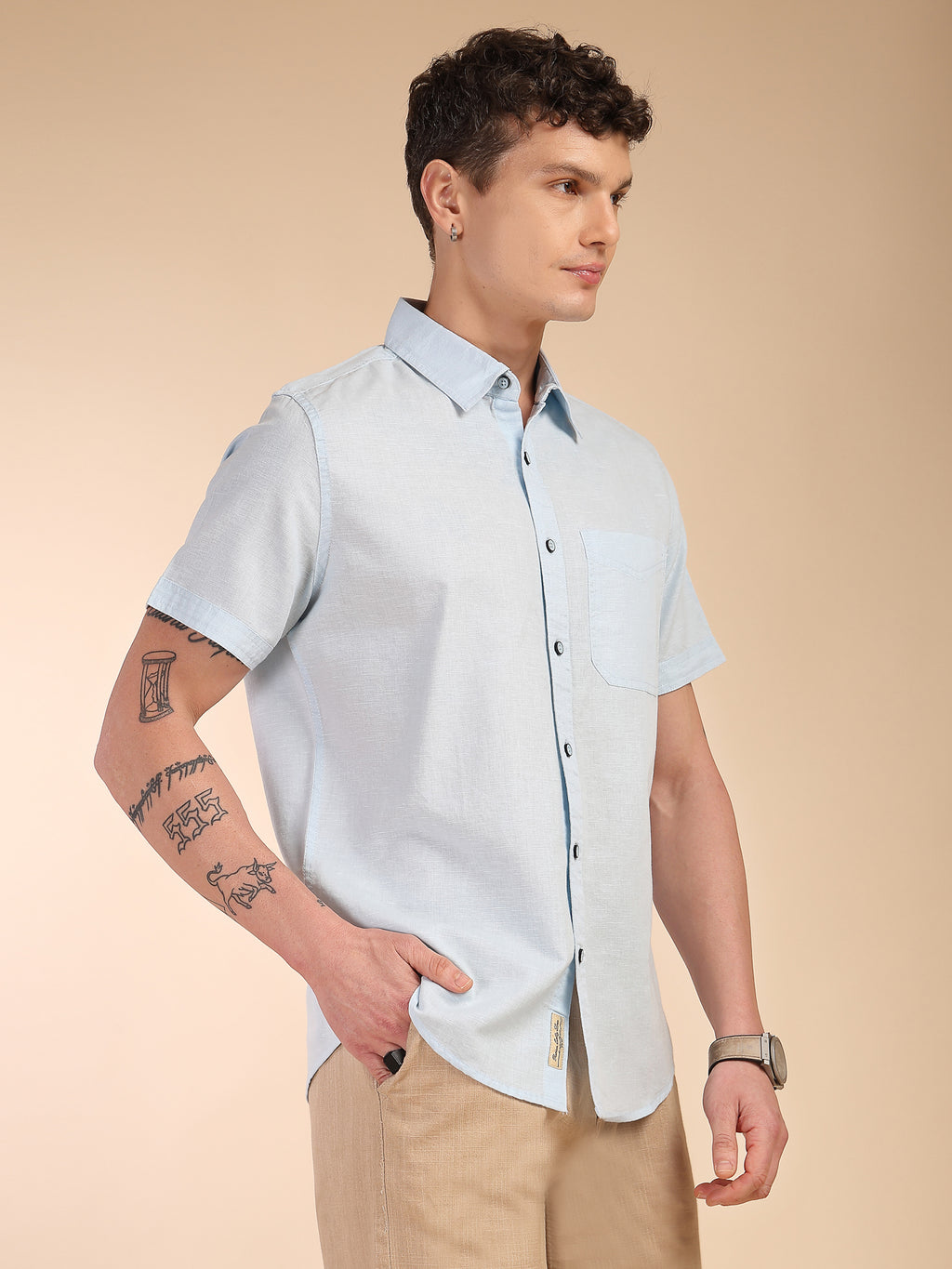 Thomas Scott Men Sky Blue Regular Fit Short Sleeves Spread Collar Linen Casual Shirt