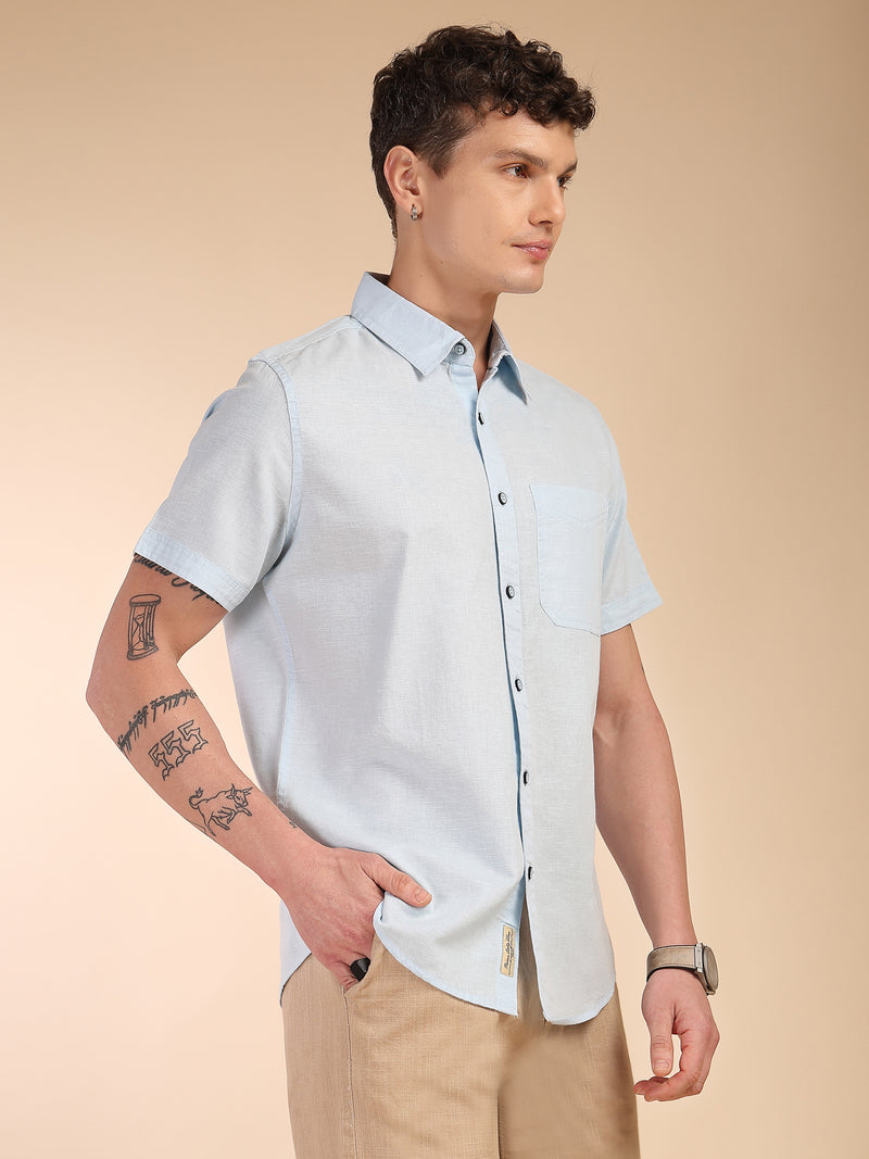 Thomas Scott Men Sky Blue Regular Fit Short Sleeves Spread Collar Linen Casual Shirt