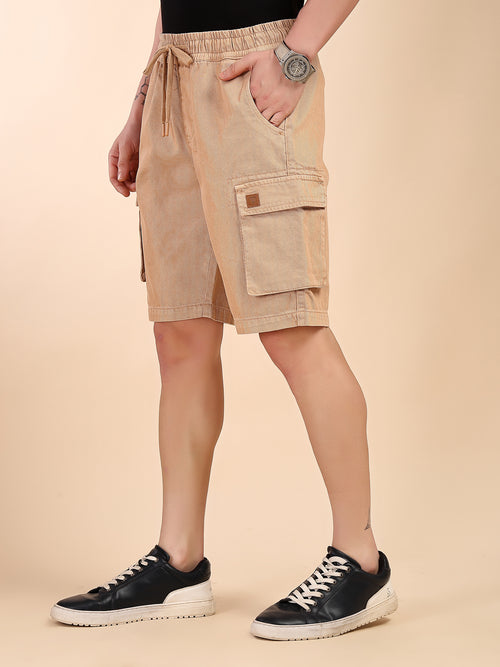 Thomas Scott Men Fawn Mid-Rise Straight Fit Above Knee Cotton Woven Cargo Shorts