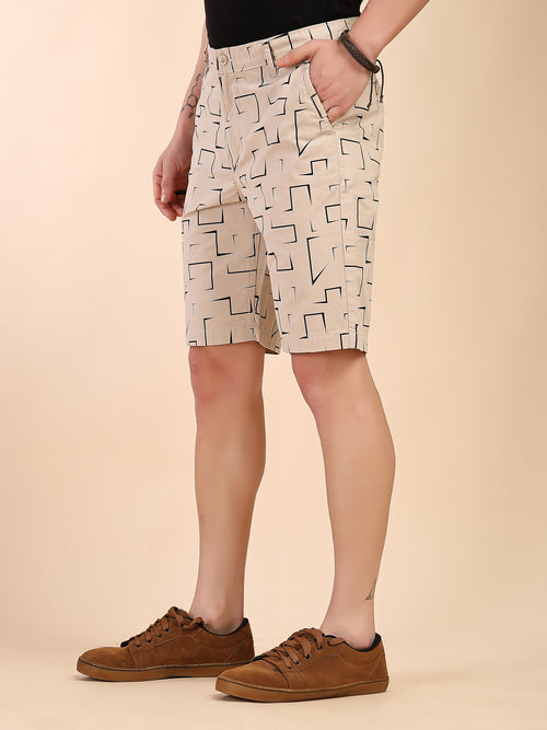 Thomas Scott Men Beige Mid-Rise Regular Fit Geometric Print Cotton Woven Chinos Shorts