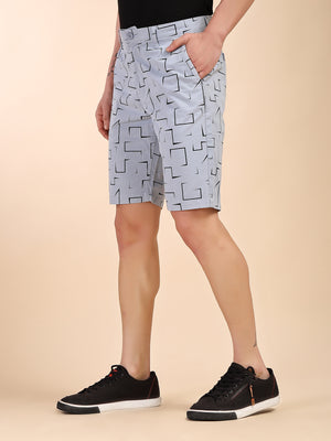 Blue Mid-Rise Regular Fit Geometric Print Cotton Woven Chinos Shorts For Men