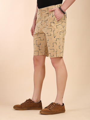 Thomas Scott Men Khaki Mid-Rise Regular Fit Geometric Print Cotton Woven Chinos Shorts