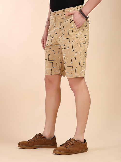 Thomas Scott Men Khaki Mid-Rise Regular Fit Geometric Print Cotton Woven Chinos Shorts
