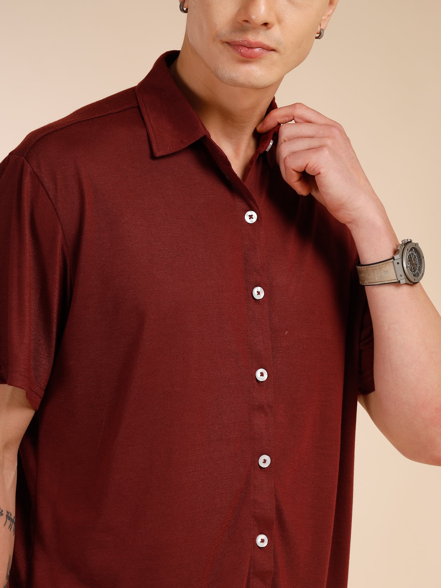 Thomas Scott Men Wine Relaxed Fit Solid Polyester Co-Ords Set