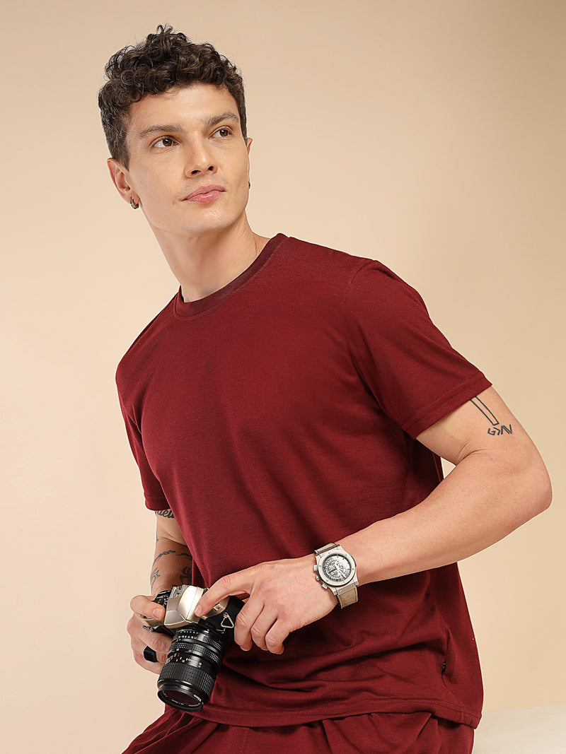 Thomas Scott Men Wine Round Neck Relaxed Fit Solid Polyester Co-Ords Set