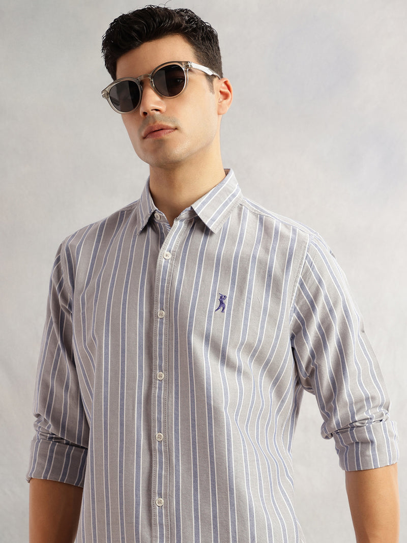 Thomas Scott Men Grey Slim Fit Long Sleeves Vertical Stripes Spread Collar 100% Cotton Oxford Casual Shirt