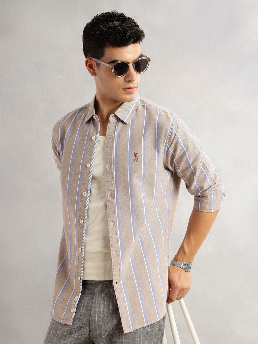 Thomas Scott Men Beige Slim Fit Long Sleeves Spread Collar 100% Cotton Oxford Casual Shirt