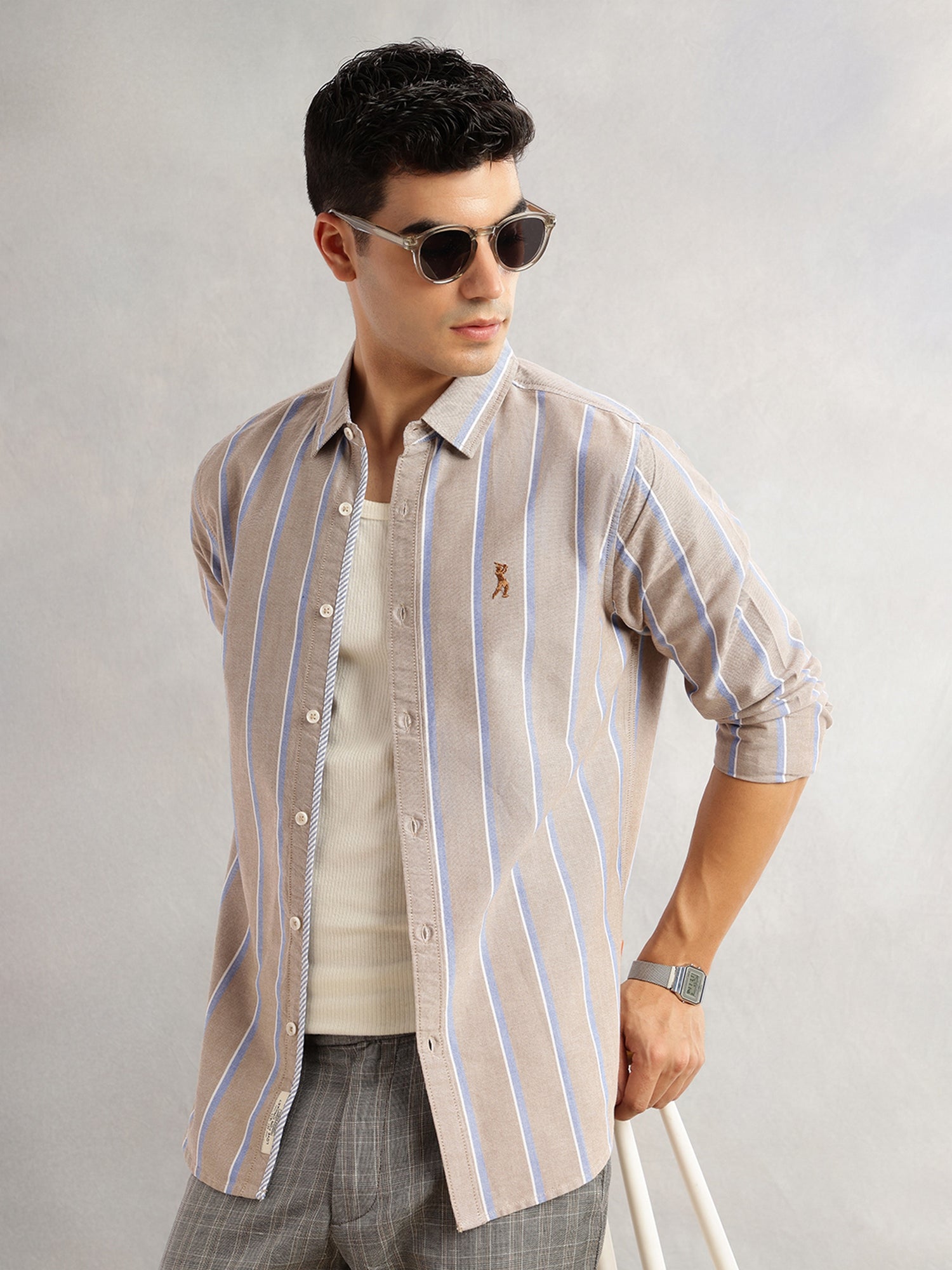 Thomas Scott Men Beige Slim Fit Long Sleeves Spread Collar 100% Cotton Oxford Casual Shirt