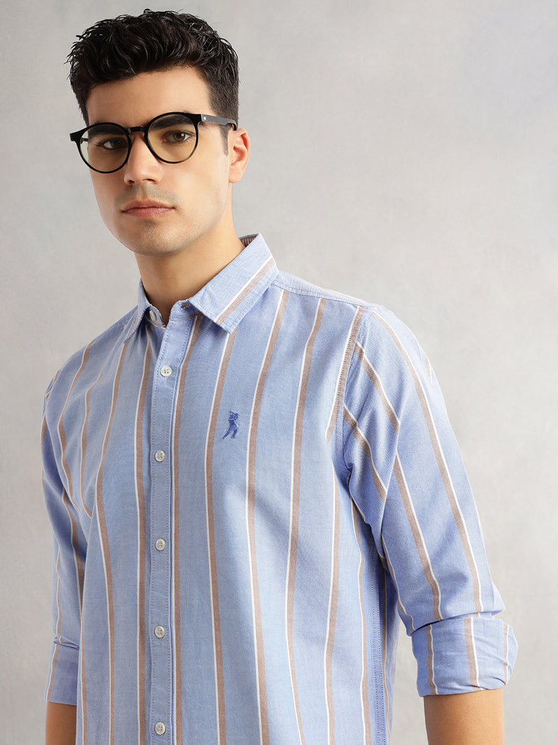 Thomas Scott Men Blue Slim Fit Long Sleeves Spread Collar 100% Cotton Oxford Casual Shirt