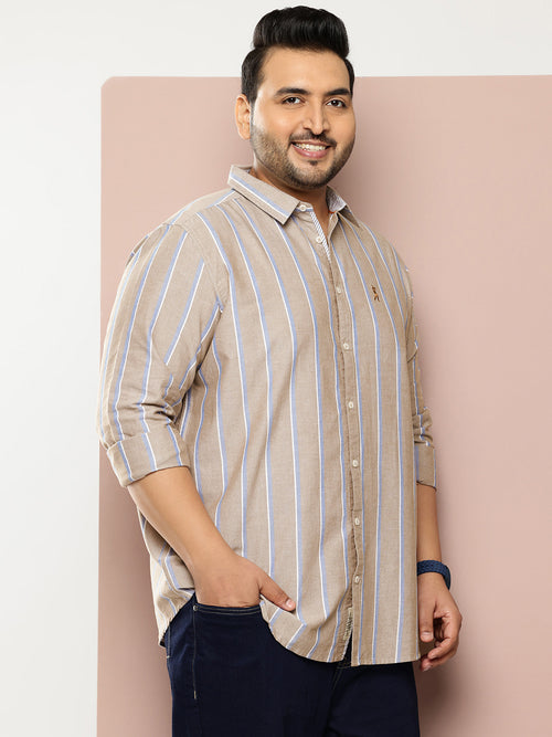 Thomas Scott Men Beige Plus Size Regular Fit Long Sleeves Spread Collar 100% Cotton Oxford Casual Shirt