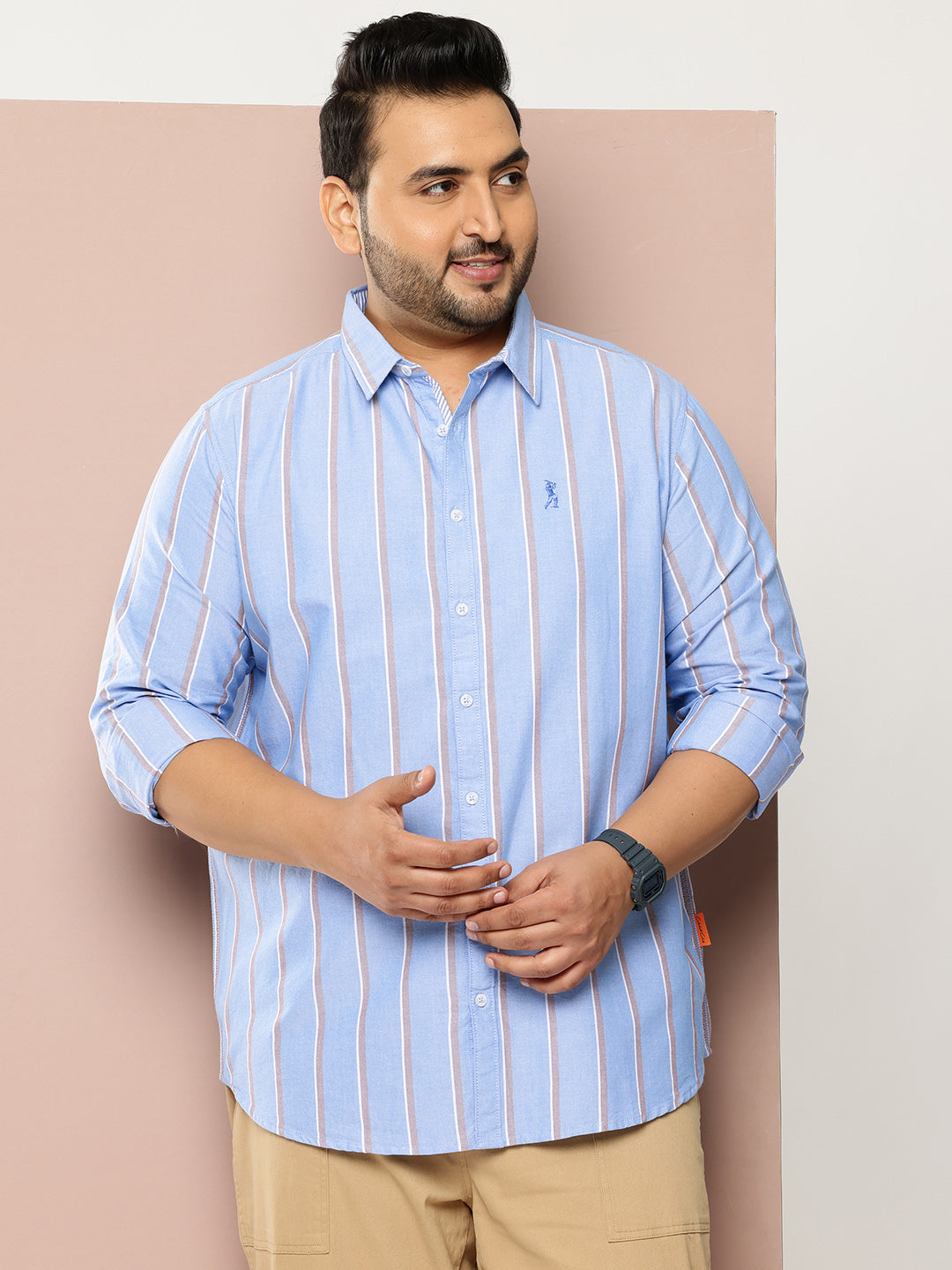Thomas Scott Men Blue Plus Size Regular Fit Long Sleeves Spread Collar 100% Cotton Oxford Casual Shirt