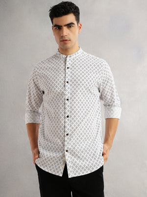 Thomas Scott Men White Slim Fit Long Sleeves Geometric Printed Mandarin Collar Cotton Linen Casual Shirt