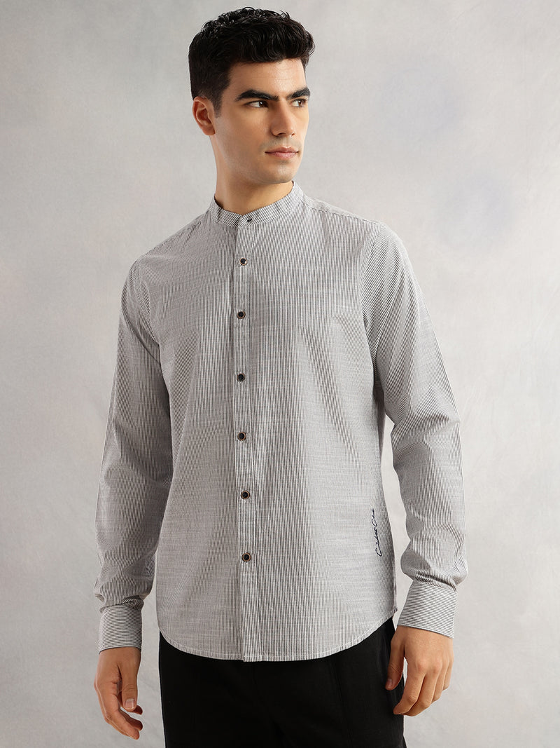 Thomas Scott Men Black Slim Fit Long Sleeves Mandarin Collar Pinstripes Cotton Linen Casual Shirt