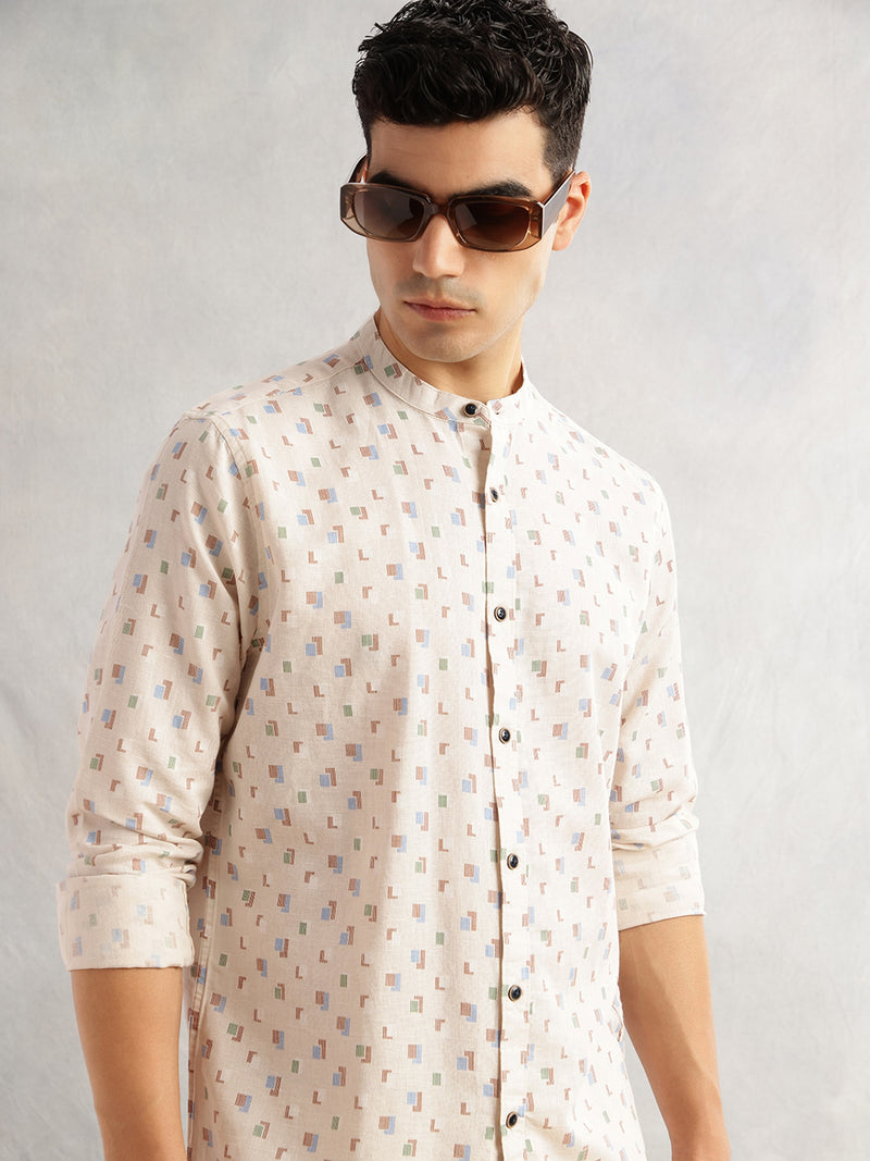 Thomas Scott Men Beige Slim Fit Long Sleeves Mandarin Collar Geometric Printed Cotton Linen Casual Shirt