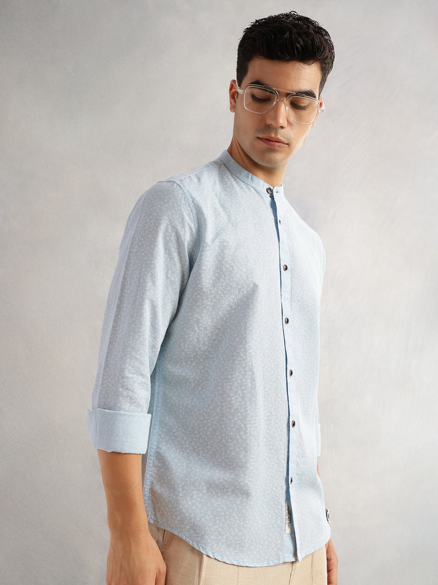 Thomas Scott Men Blue Slim Fit Long Sleeves Mandarin Collar Conversational Printed Cotton Linen Casual Shirt