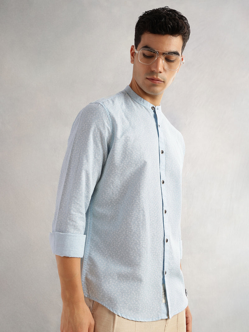 Thomas Scott Men Blue Slim Fit Long Sleeves Mandarin Collar Conversational Printed Cotton Linen Casual Shirt