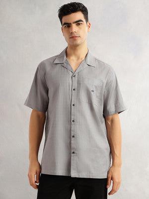Thomas Scott Men Grey Oversized Fit Short Sleeves Cuban Collar Gingham Checks 100% Cotton Casual Shirt