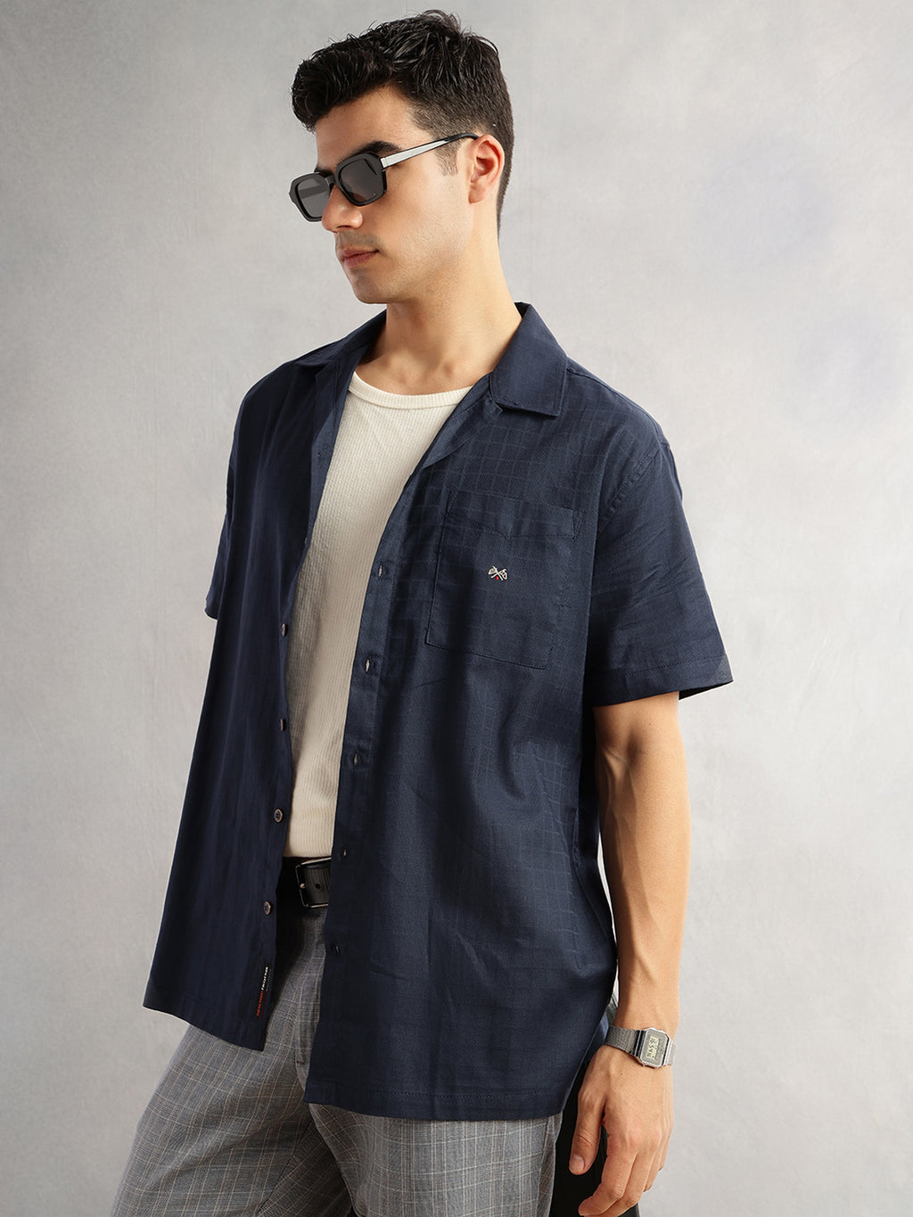 Thomas Scott Men Navy Oversized Fit Short Sleeves Cuban Collar Gingham Checks 100% Cotton Casual Shirt
