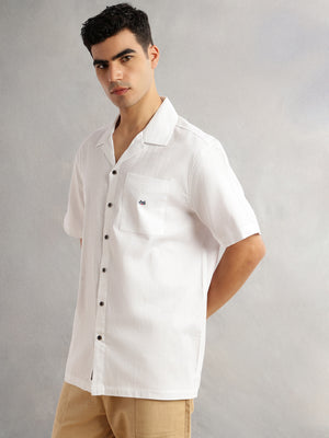 Thomas Scott Men White Oversized Fit Short Sleeves Cuban Collar Gingham Checks 100% Cotton Casual Shirt