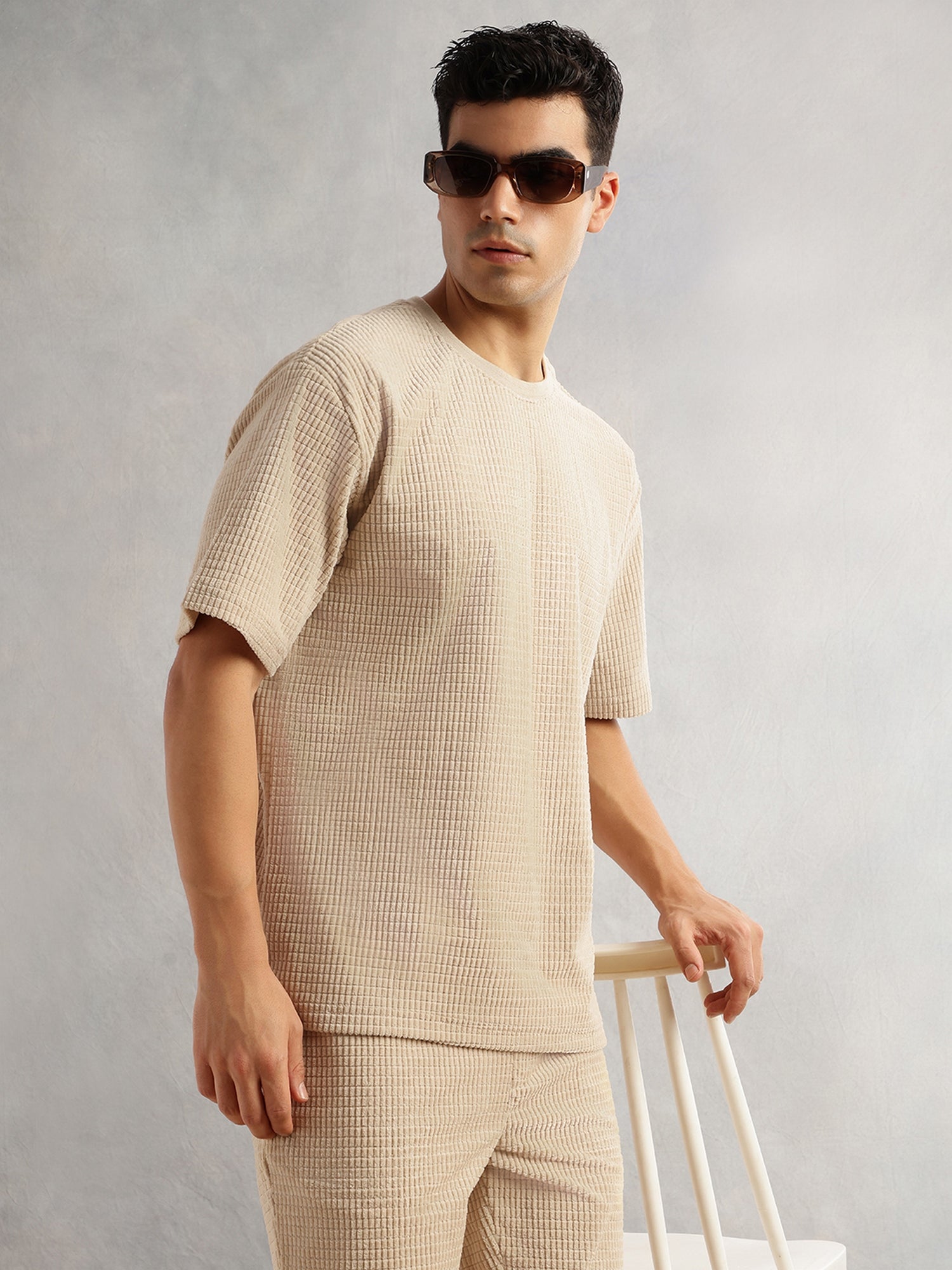 Thomas Scott Men Beige Cordery Checks Polyester Knitted Co-Ord Sets With Short Sleeves & Round Neck