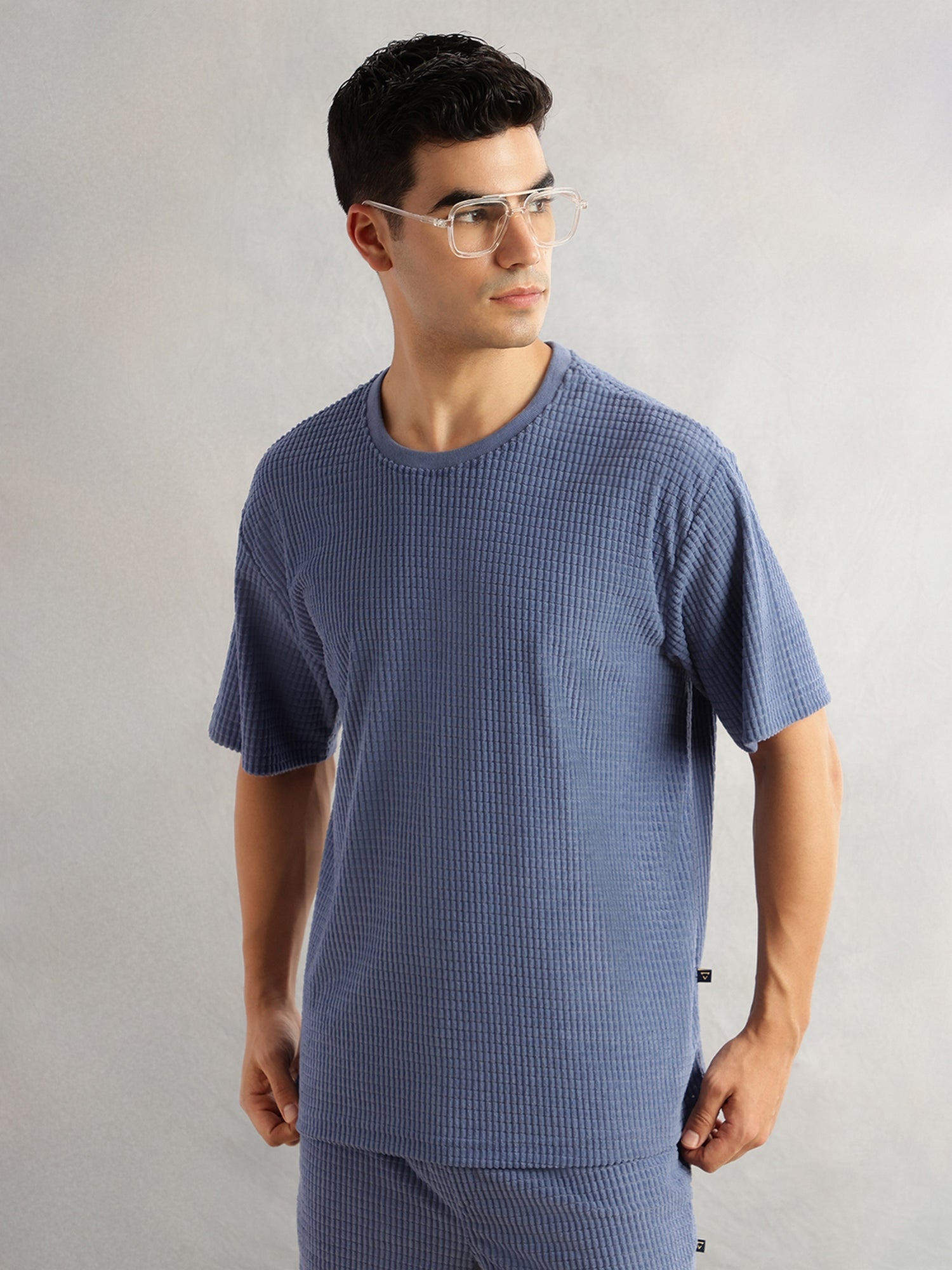 Thomas Scott Men Blue Cordery Checks Polyester Knitted Co-Ord Sets With Short Sleeves & Round Neck