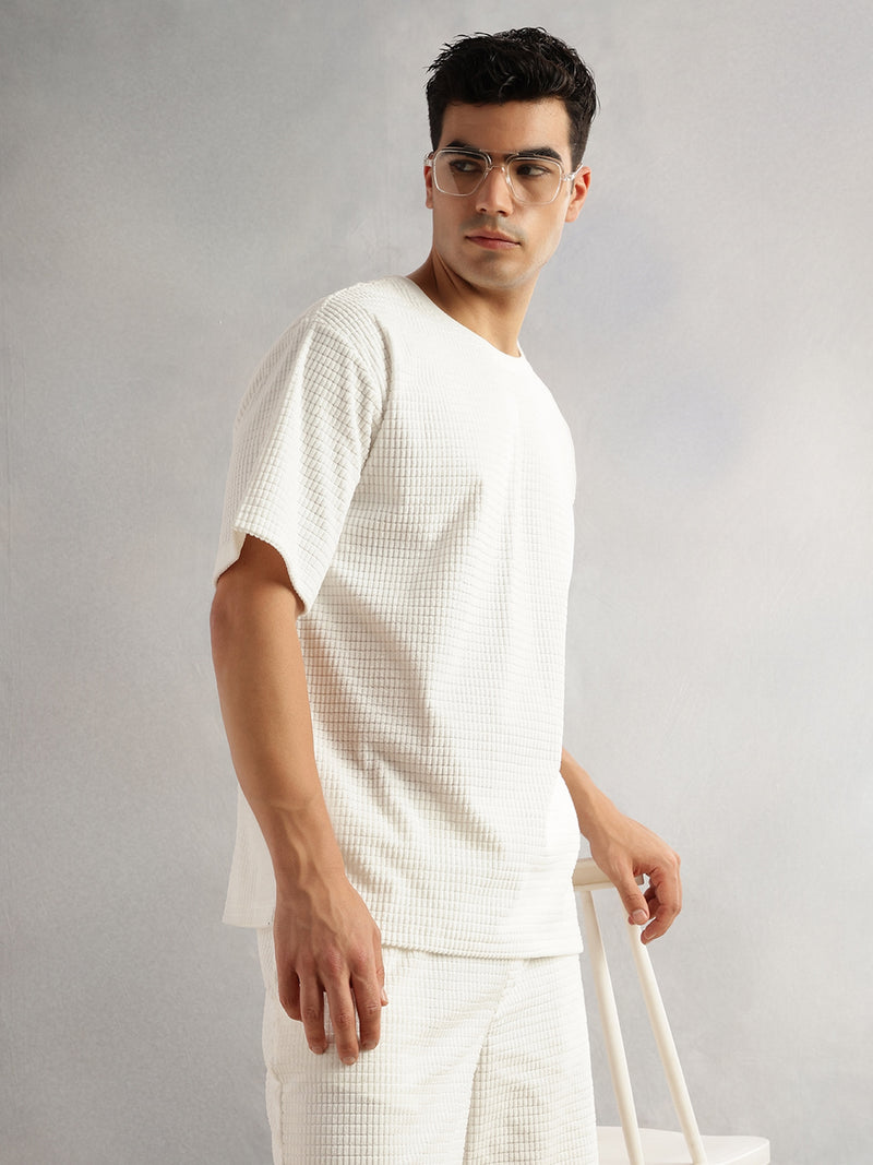 Thomas Scott Men White Cordery Checks Polyester Knitted Co-Ord Sets With Short Sleeves & Round Neck