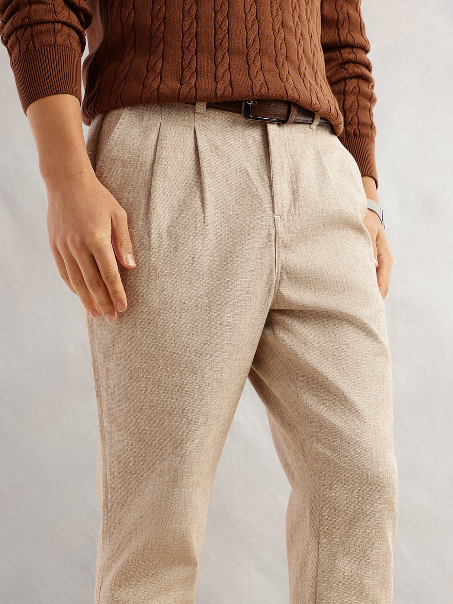 Thomas Scott Men Beige Regular Fit Mid-Rise Solid Linen Pleated Woven Chinos Trouser