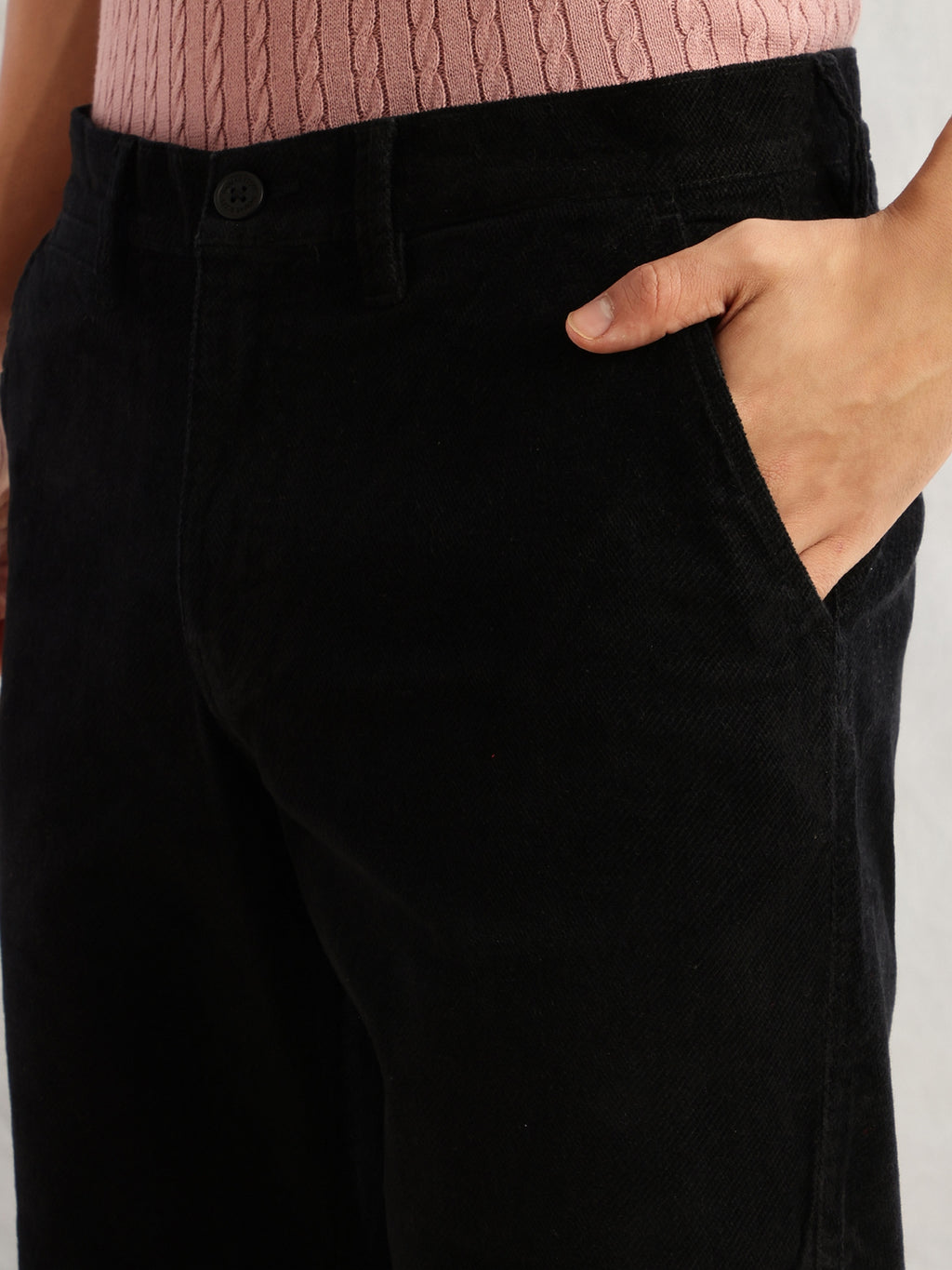 Thomas Scott Men Black Regular Fit Mid-Rise Self Texture Cross Corduroy Trouser