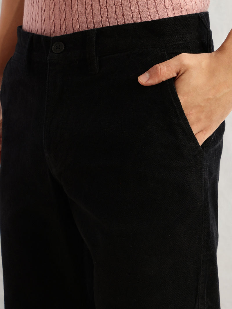 Thomas Scott Men Black Regular Fit Mid-Rise Self Texture Cross Corduroy Trouser