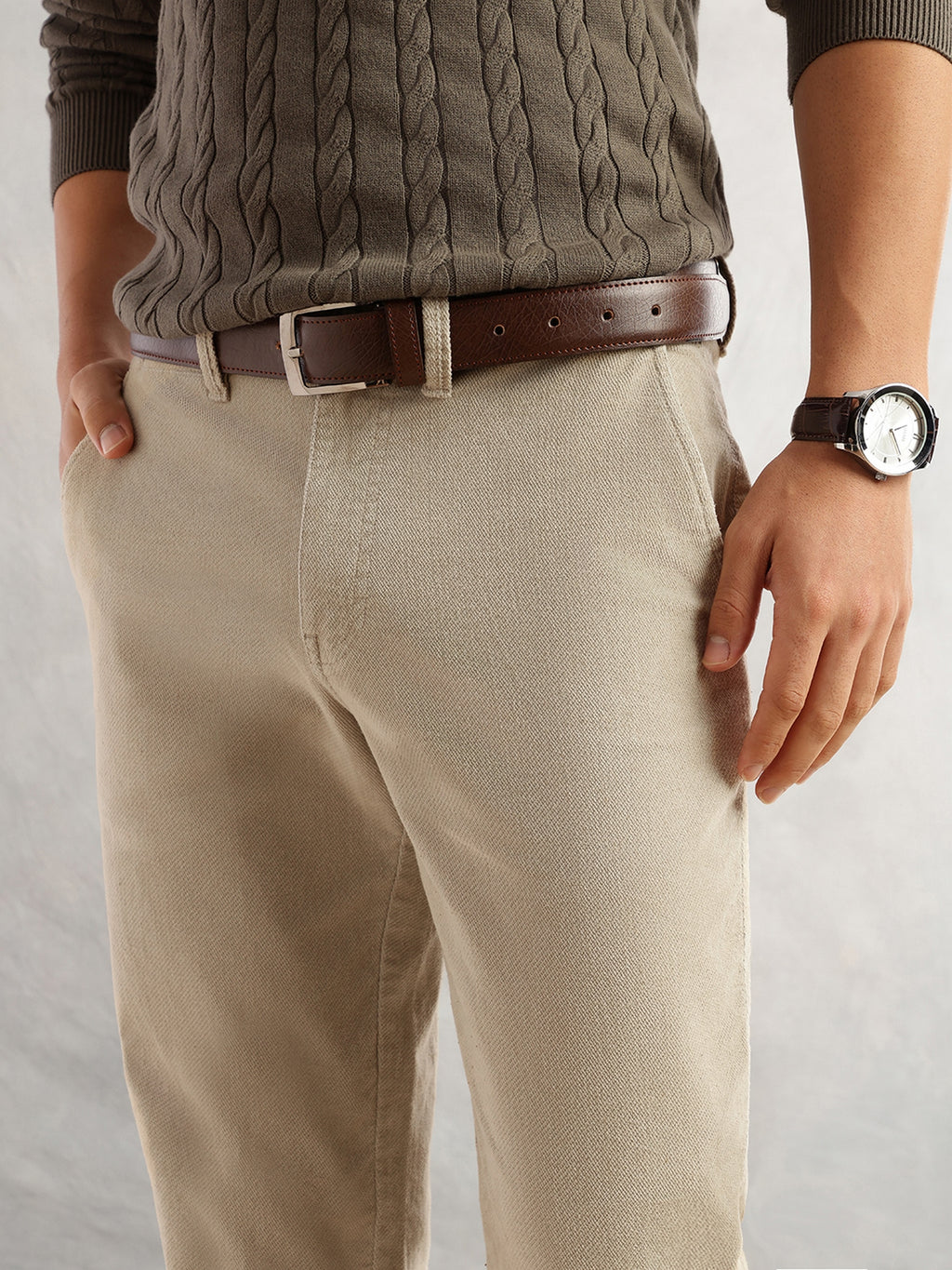 Thomas Scott Men Fawn Regular Fit Mid-Rise Self Texture Cross Corduroy Trouser