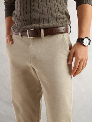 Thomas Scott Men Fawn Regular Fit Mid-Rise Self Texture Cross Corduroy Trouser