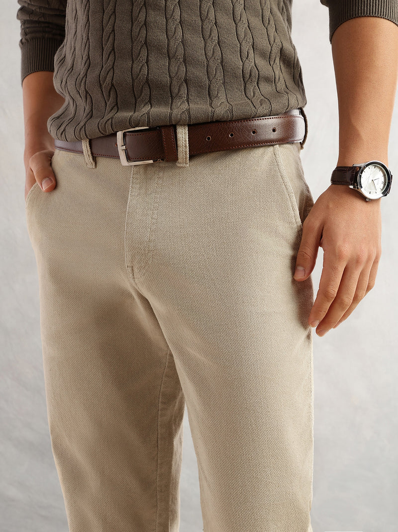 Thomas Scott Men Fawn Regular Fit Mid-Rise Self Texture Cross Corduroy Trouser
