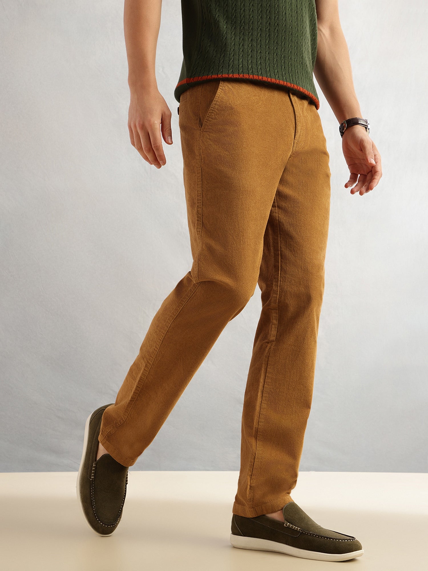 Thomas Scott Men Mustard Regular Fit Mid-Rise Self Texture Cross Corduroy Trouser