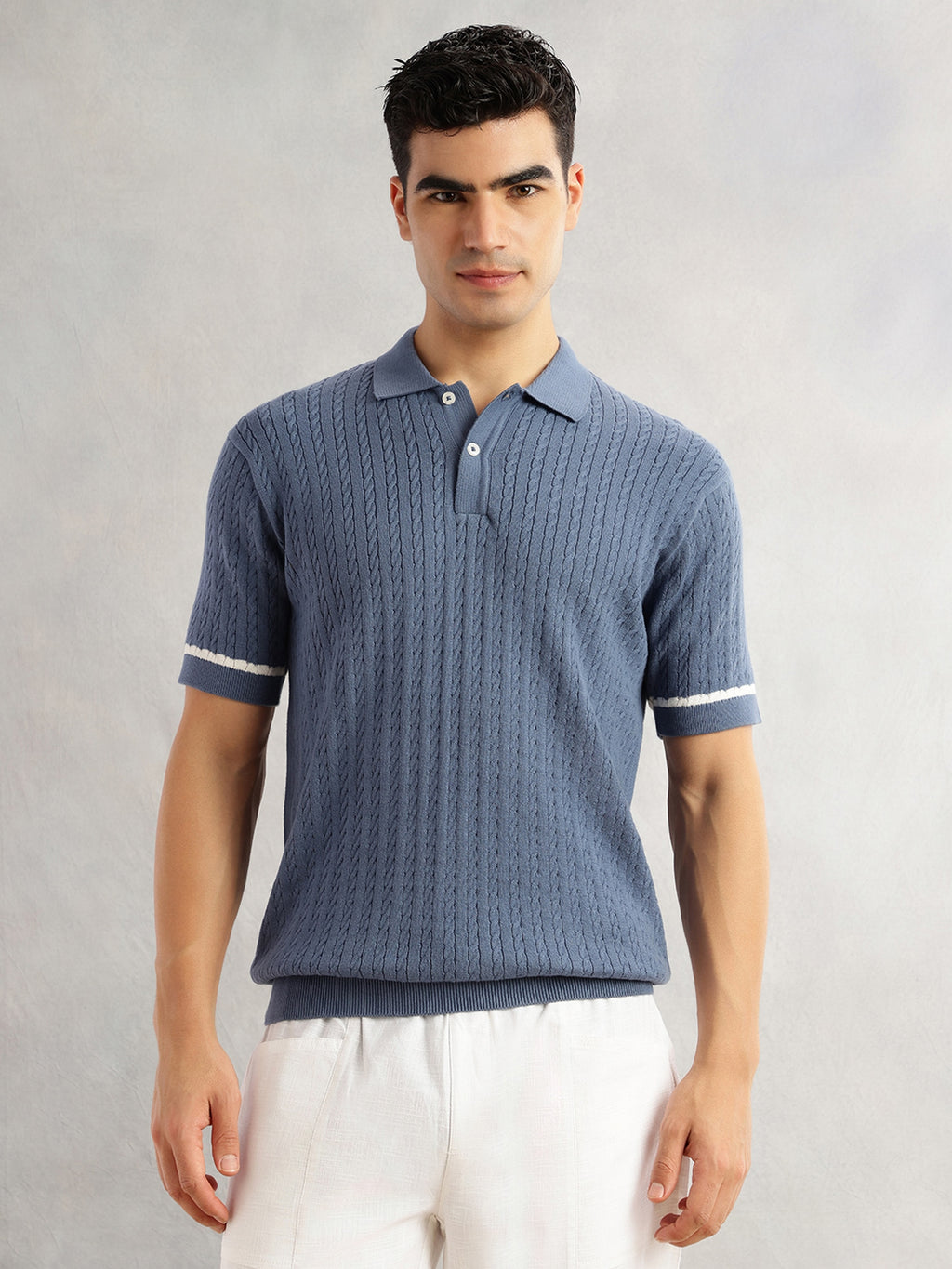Thomas Scott Men Blue Regular Fit Short Sleeves Self Design 100% Cotton Polo Collar Knitted Tshirt