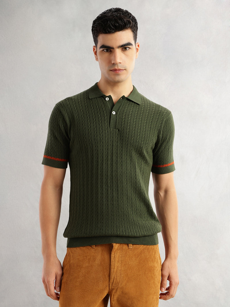 Thomas Scott Men Olive Regular Fit Short Sleeves Self Design 100% Cotton Polo Collar Knitted Tshirt