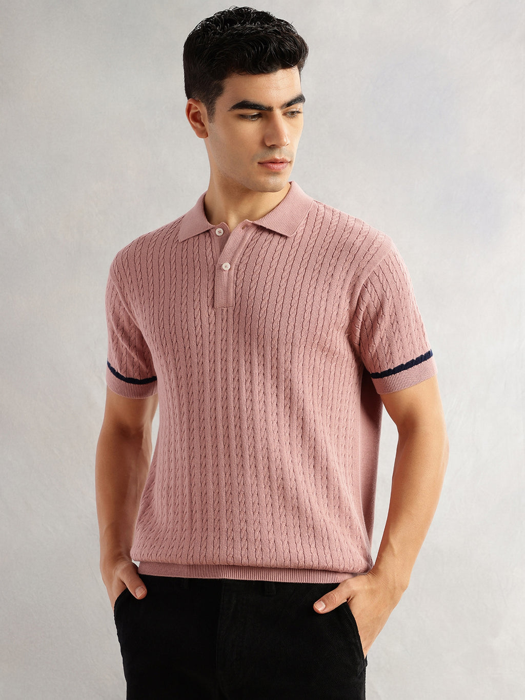 Thomas Scott Men Pink Regular Fit Short Sleeves Self Design 100% Cotton Polo Collar Knitted Tshirt