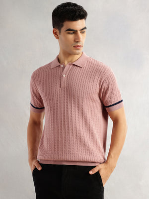 Thomas Scott Men Pink Regular Fit Short Sleeves Self Design 100% Cotton Polo Collar Knitted Tshirt