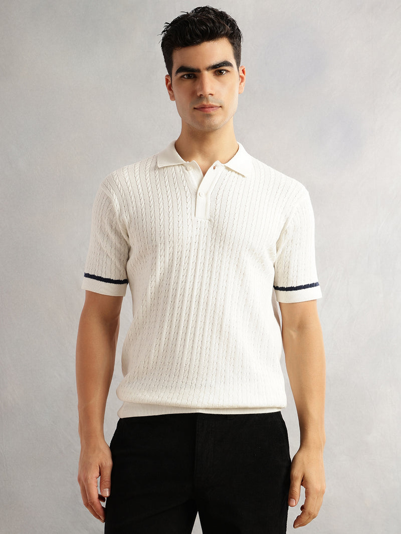 Thomas Scott Men White Regular Fit Short Sleeves Self Design 100% Cotton Polo Collar Knitted Tshirt